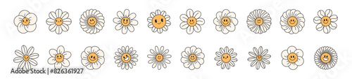 Cute daisy flower face with smiley emoji. Retro groovy cartoon character with happy expression. Y2K graphic sticker. Flat vector illustration isolated on white background.