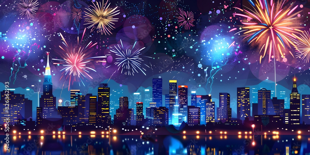 Obraz premium A city skyline with fireworks in the background