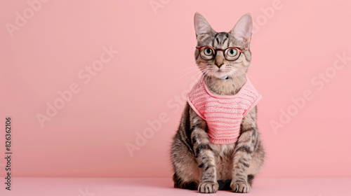 Adorable tabby cat with glasses wearing a pink sweater, sitting against a pink background. Perfect for pet fashion and cute animal themes.
