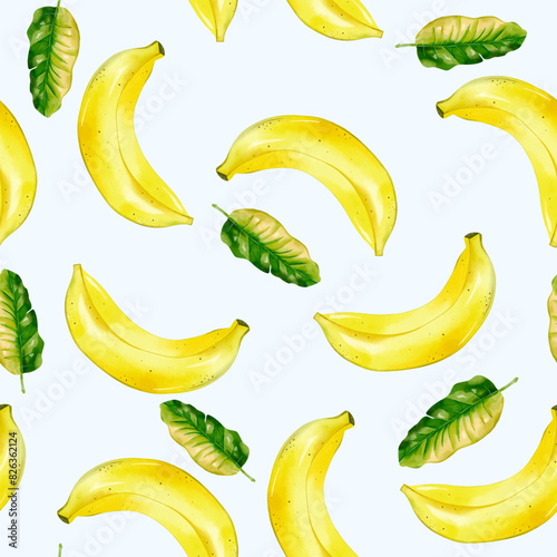 Watercolor banana background. Seamless pattern with banana fruits. Colorful wallpaper vector.