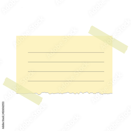 Torn yellow sticky note vector illustration set. Taped office memo paper mockup template. isolated on white background. EPS 10/AI