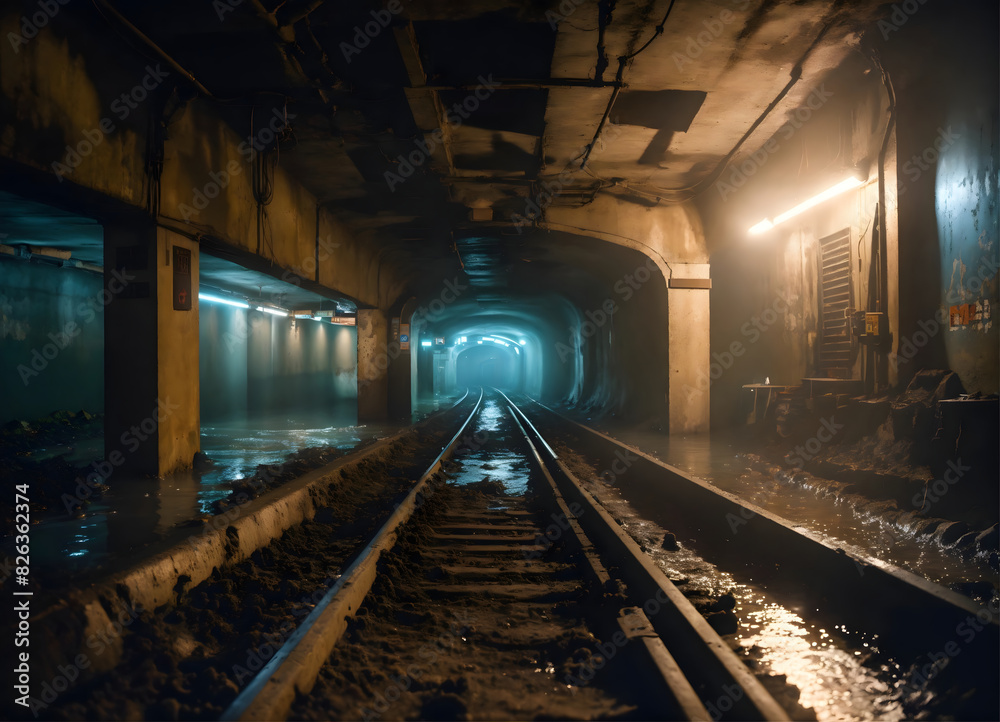 Abandoned old uninhabited railway tunnel, architecture of scary railroad track of city, Iron metallic brown rusty rail tracks