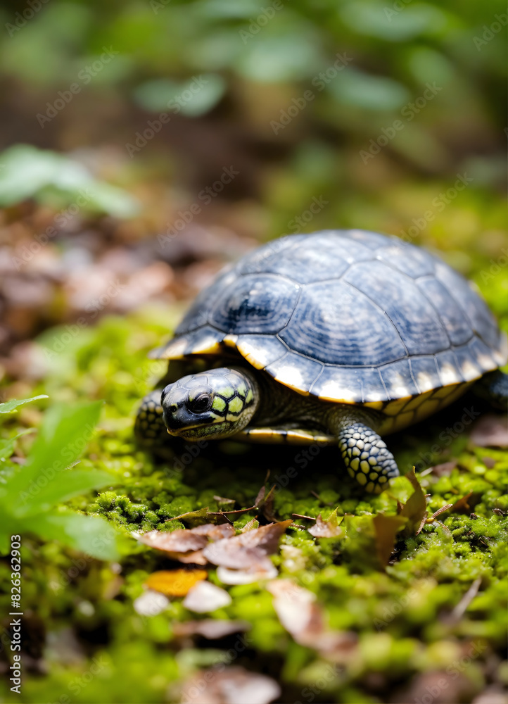 Small cute tortoise walking in forest land, extinct animal turtle strolling in garden, four-legged reptile with hard shell Small cute tortoise walking in forest land, extinct animal turtle strolling in garden, four-legged reptile with hard shell