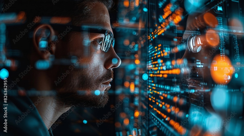 Fototapeta premium Close-up of a data scientist analyzing complex graphs on a transparent screen, double exposure with data streams