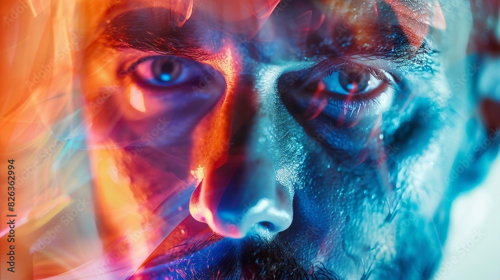 Close-up of a director's face with intense expression, double exposure with vibrant film set, merging imagination and reality