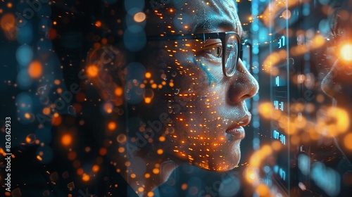 Close-up of a data scientist analyzing complex graphs on a transparent screen, double exposure with data streams