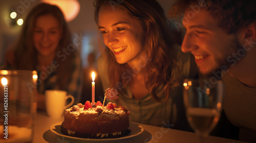 Smiling woman about to blow out a candle on a birthday cake in a warmly lit  cozy  and dark ambiance