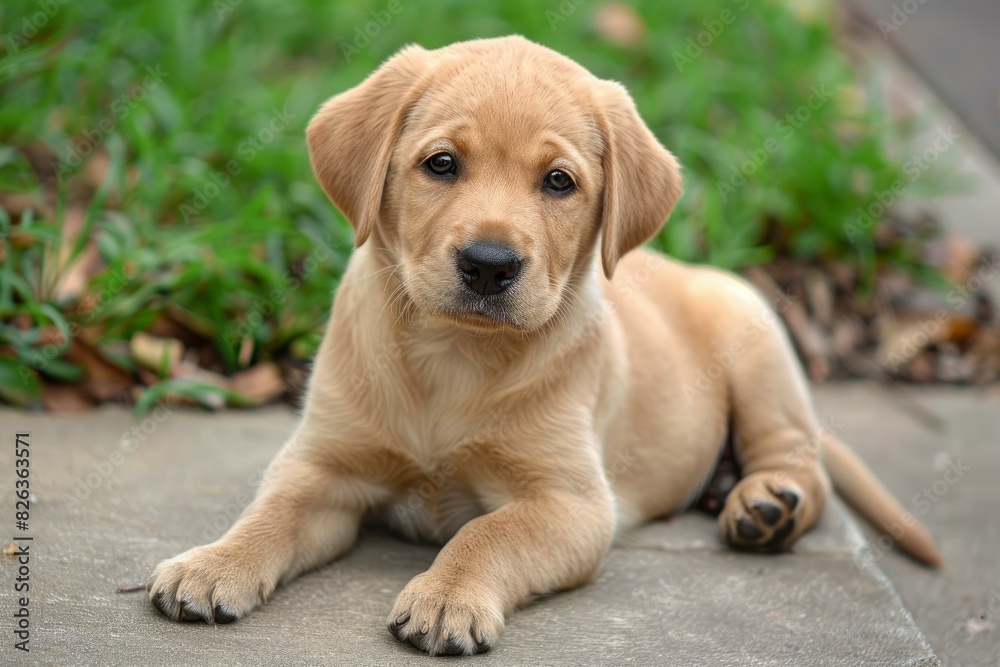 Cute golden labrador puppy lies on the pavement, gazing ahead with soulful eyes Cute golden labrador puppy lies on the pavement, gazing ahead with soulful eyes