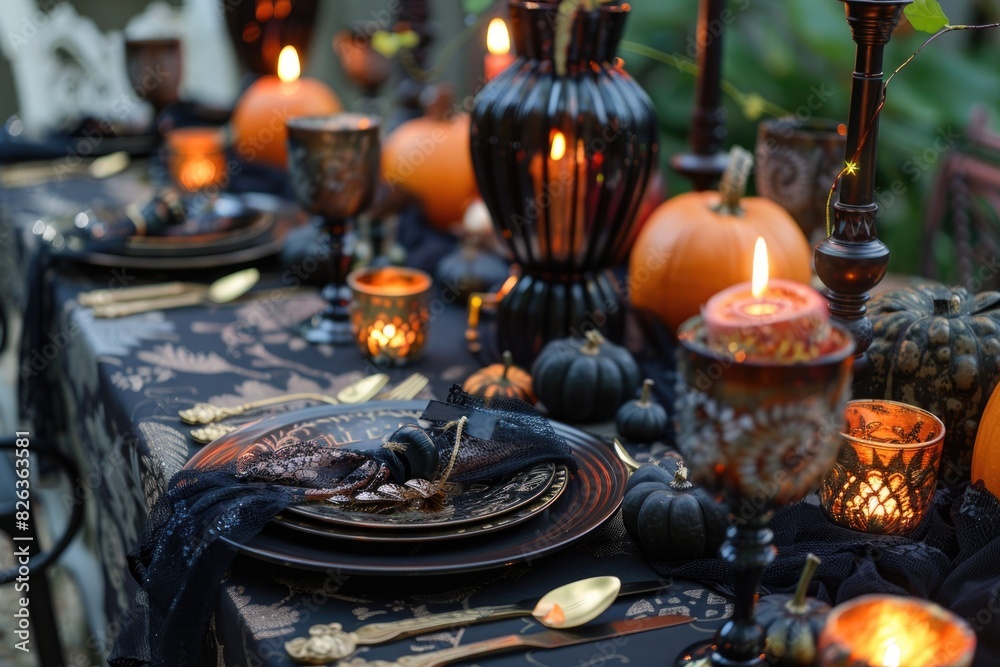 Eerie Halloween Dinner Table with Skull, Pumpkins, and Candles Eerie Halloween Dinner Table with Skull, Pumpkins, and Candles