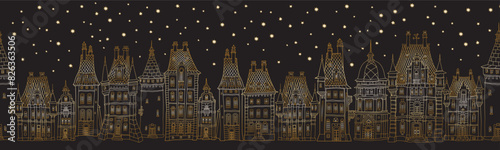 Christmas and New Year seamless border pattern. Fairy tale European castles and houses panorama. Hand drawn gold and black sketch