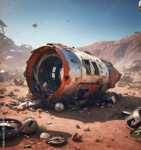 Damage wreckage of spaceship in abandoned desert, scattered pieces of broken iron spacecraft plane, Orange and white crashed aircraft debris