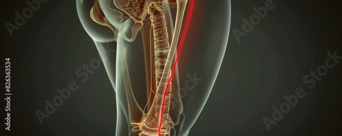 A medical illustration showing a red line in the anterior part of a womans right thigh photo