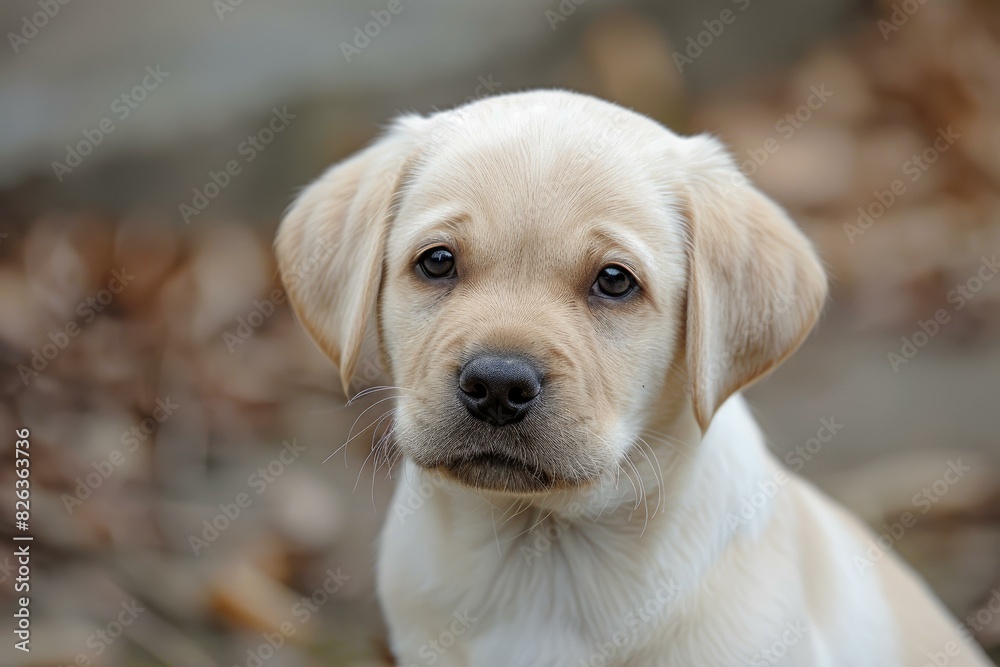Cute young labrador retriever gazes with warm eyes against a soft autumnal backdrop Cute young labrador retriever gazes with warm eyes against a soft autumnal backdrop