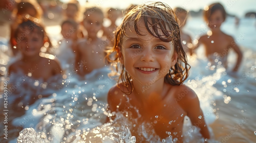 Obraz premium Group of kids at the beach, splashing in the waves, sunlit, carefree laughter, wide-angle lens, pastel colors, copy space on the left
