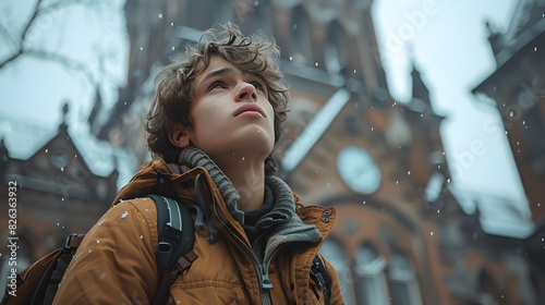 A young man standing in front of a building