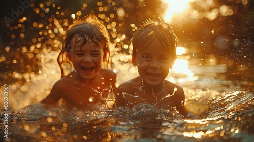 Kids jumping into a lake  water splashing  excited faces  golden hour  mid-range shot  natural tones  plenty of copy space on the bottom