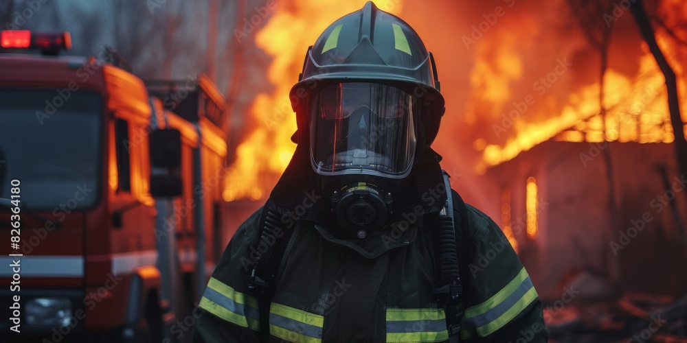 A firefighter in protective gear stands in the background of a fire truck, with a burning building in the background A firefighter in protective gear stands in the background of a fire truck, with a burning building in the background