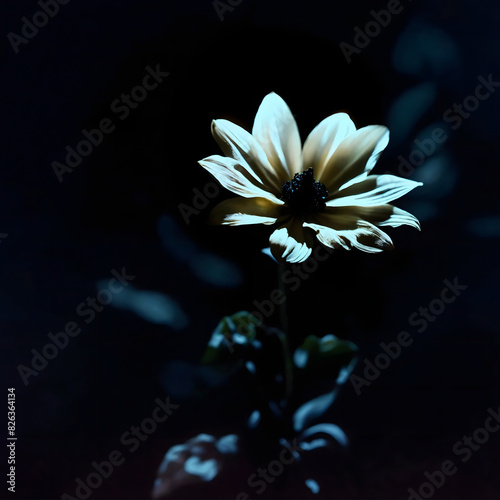 Beautiful white daisy flower blooming on dark black background  isolated floral chamomile blossom enlighten beauty on moonlight