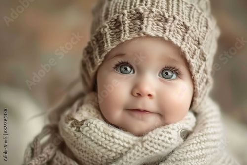 Closeup of a cute baby bundled up in a cozy knitted hat and scarf with beautiful blue eyes