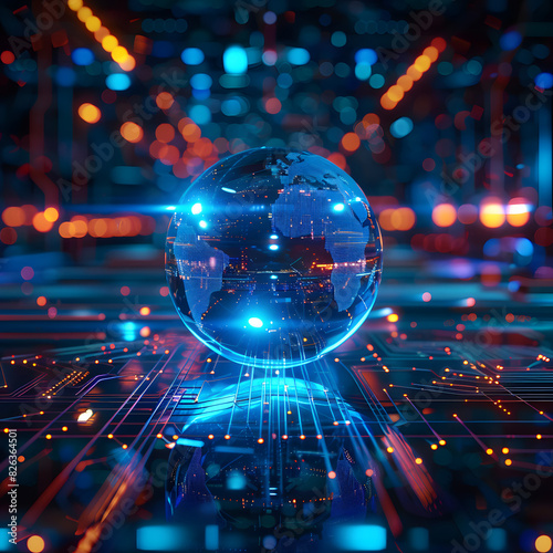 3d motion technology futurist concept with blue globe on a cyberworld, in the style of holo