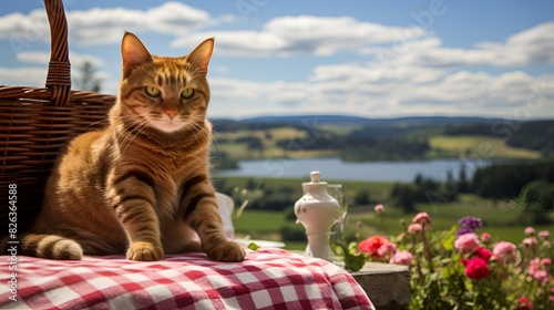  A ginger cat sits on a redcheckered tablecloth outdoors, with a photo