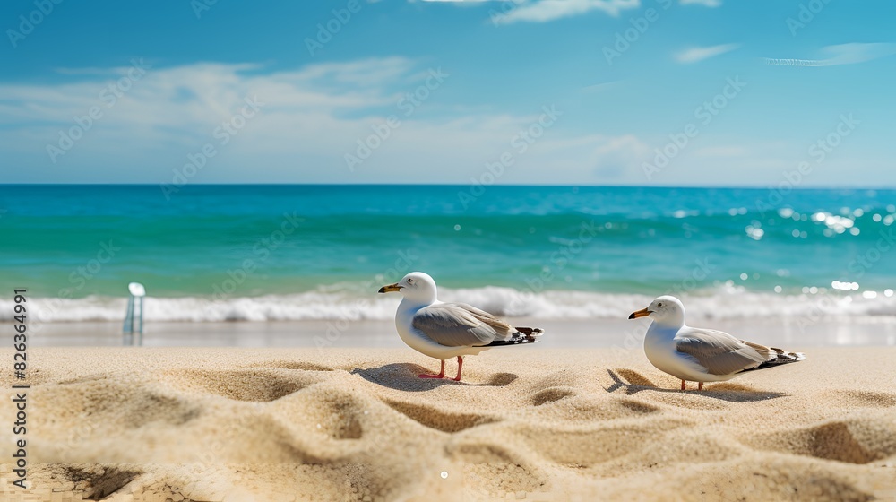 Two seagulls standing on the beach with the ocean in the backgro Two seagulls standing on the beach with the ocean in the backgro
