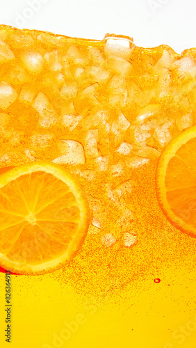 Poster. Textured photo. Festive arrangement of citrus fruit, orange slices floating in celebratory drink. Abstract wallpaper. Concept of food and drinks, summer, vitamins, nutrition, dieting. photo