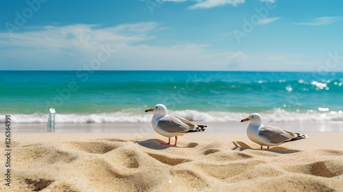 Two seagulls standing on the beach with the ocean in the backgro photo