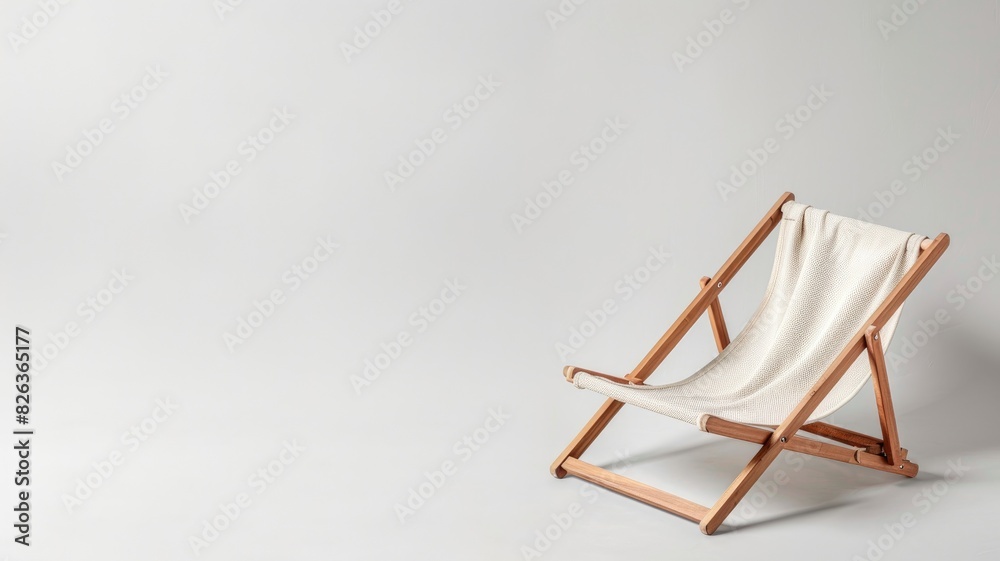 Wooden deck chair with white canvas fabric in minimalist setting Wooden deck chair with white canvas fabric in minimalist setting
