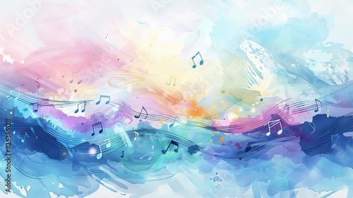 Abstract background with musical notes and waves, watercolor illustration photo