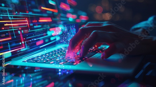 Abstract close up of hands working on a laptop with a holographic digital data screen and coding symbols floating in front, showing software development or internet technology concept.