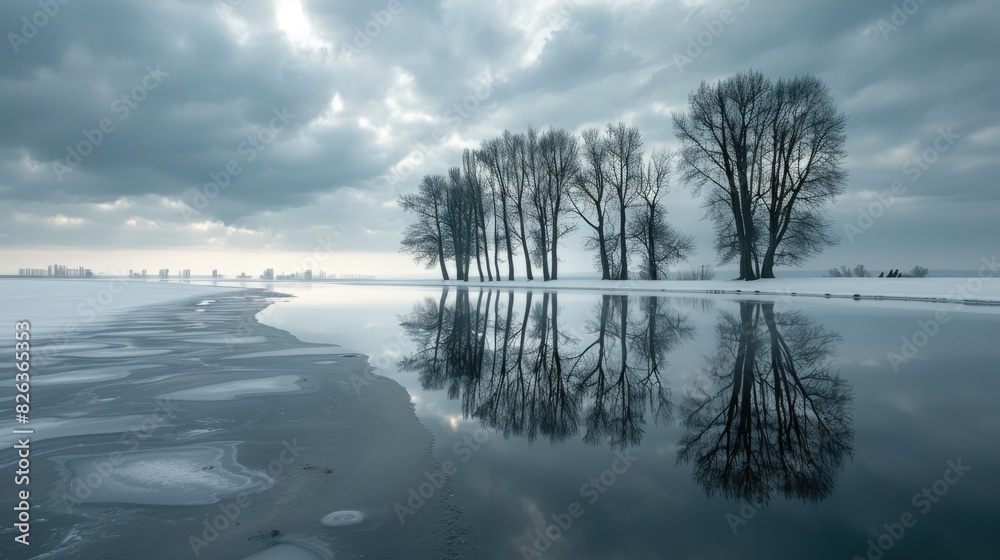 Obraz premium Reflection of trees in lagoon on a cloudy winter day