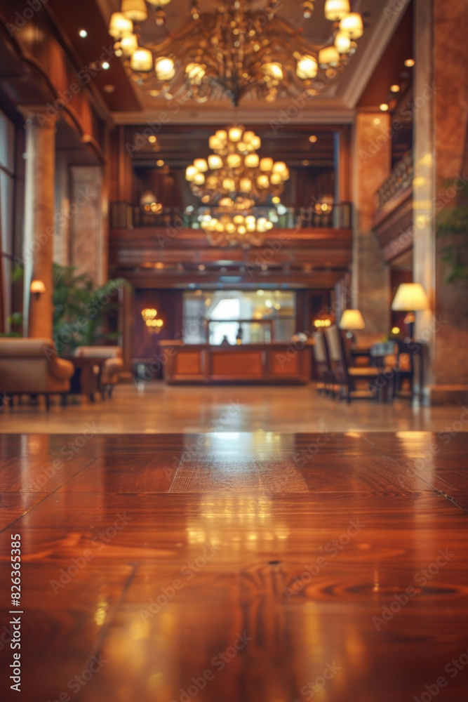 Obraz premium A polished wooden table in the foreground with a blurred background of a luxury hotel lobby. The background includes plush seating, elegant decors, a large chandelier, and a reception desk. 