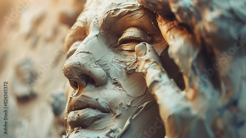 Close-up of a sculptor's hands molding clay, double exposure with the finished sculpture and studio tools