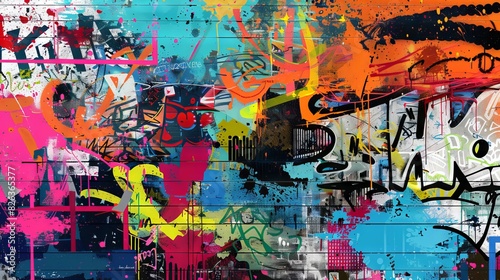 Abstract graffiti poster with colorful tags, paint splatter, scribbles and fragments