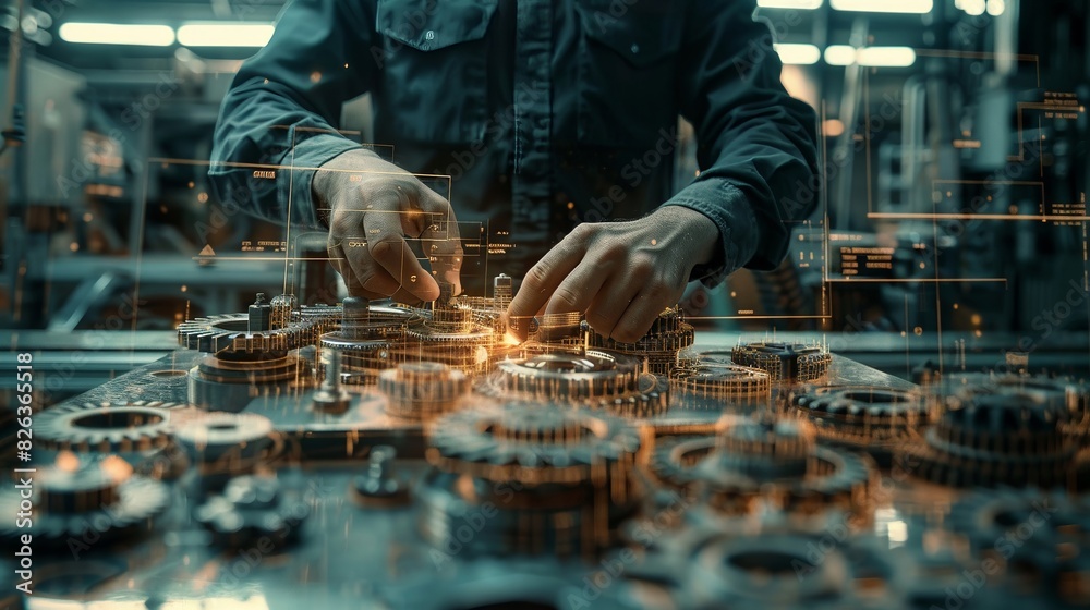 Close-up of a factory worker's hands operating a precision machine, double exposure with gears and blueprints Close-up of a factory worker's hands operating a precision machine, double exposure with gears and blueprints