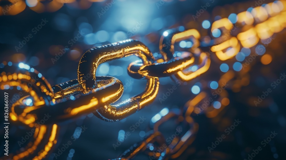 Obraz premium A detailed view of a chain with colorful lights glowing in the background.