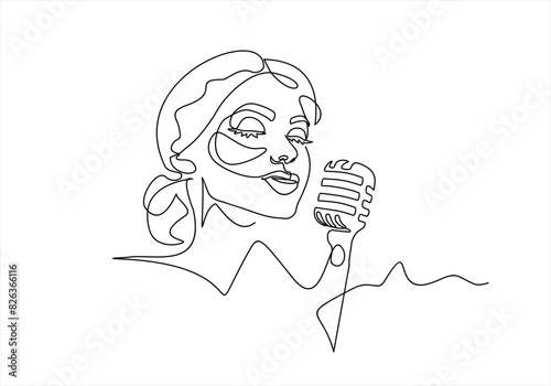 Young woman singing in a retro microphone. Continuous one line drawing. Vector illustration.
