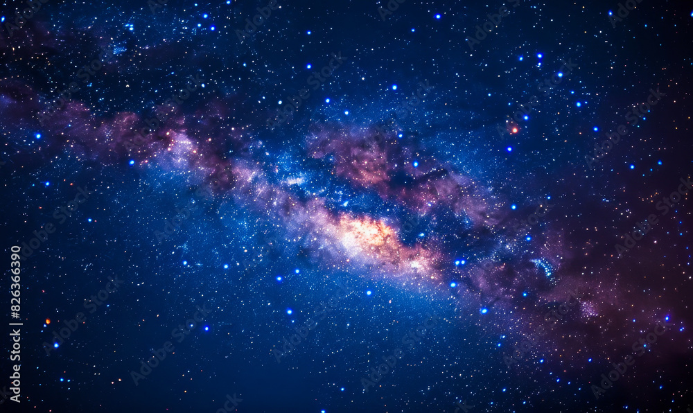 Obraz premium Vibrant Milky Way Galaxy at Night with Multicolored Stars Shining Brightly in a Starry Sky, Captured in a Low Angle Shot, Perfect for Astronomy Enthusiasts and Night Sky Photography