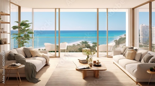 A stylish living room with panoramic windows offering a stunning beachfront view and elegant  contemporary design