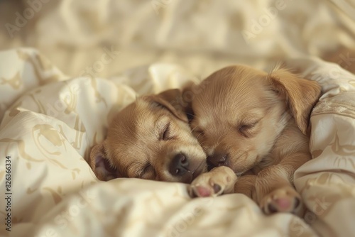 Adorable golden retriever puppies peacefully sleeping together in a cozy, warm blanket, cuddling and bonding in a tranquil and serene moment of togetherness