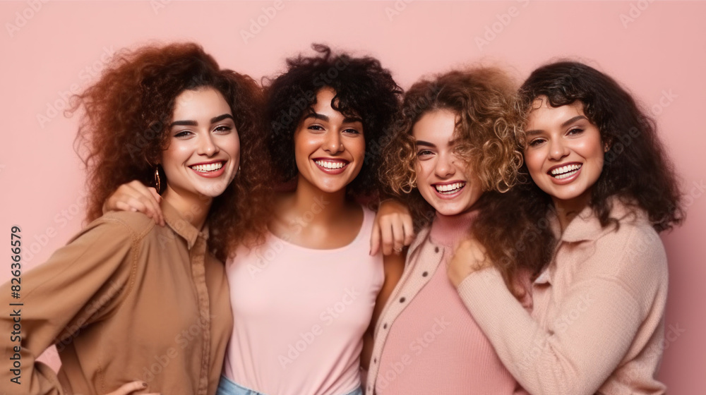 A warm portrait of four diverse female friends smiling together, showcasing friendship and happiness against a pink background A warm portrait of four diverse female friends smiling together, showcasing friendship and happiness against a pink background