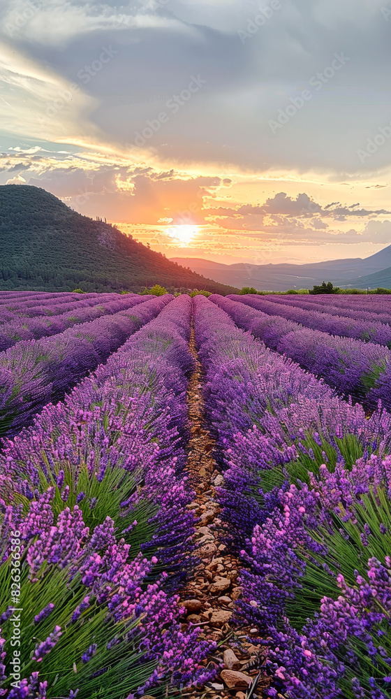 Breathtaking Lavender Field in Puimoisson Provence at Sunset, Rows of Blooming Lavender Flowers, Serene Summer Landscape with Dramatic Sky, Scenic Countryside Tranquility, Nature Travel Destination Breathtaking Lavender Field in Puimoisson Provence at Sunset, Rows of Blooming Lavender Flowers, Serene Summer Landscape with Dramatic Sky, Scenic Countryside Tranquility, Nature Travel Destination