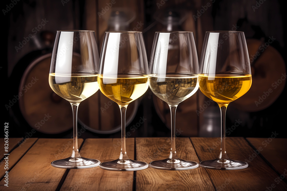 Wine set. Wine tasting, the most popular varieties of white, red wines in wine glasses on vintage wooden table Wine set. Wine tasting, the most popular varieties of white, red wines in wine glasses on vintage wooden table