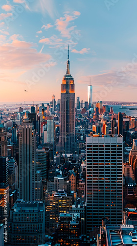 Empire State Building and NY Skyscrapers During Sunset, Iconic New York City Skyline, Urban Scene, Aerial View, Evening Glow, Cityscape Photography, Travel Destination, Architectural Landmark