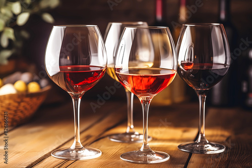 Wine set. Wine tasting, the most popular varieties of white, red wines in wine glasses on vintage wooden table