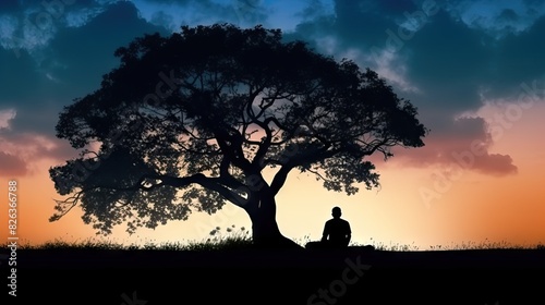 A serene silhouette of an individual sitting under a lone tree against a warm sunset backdrop