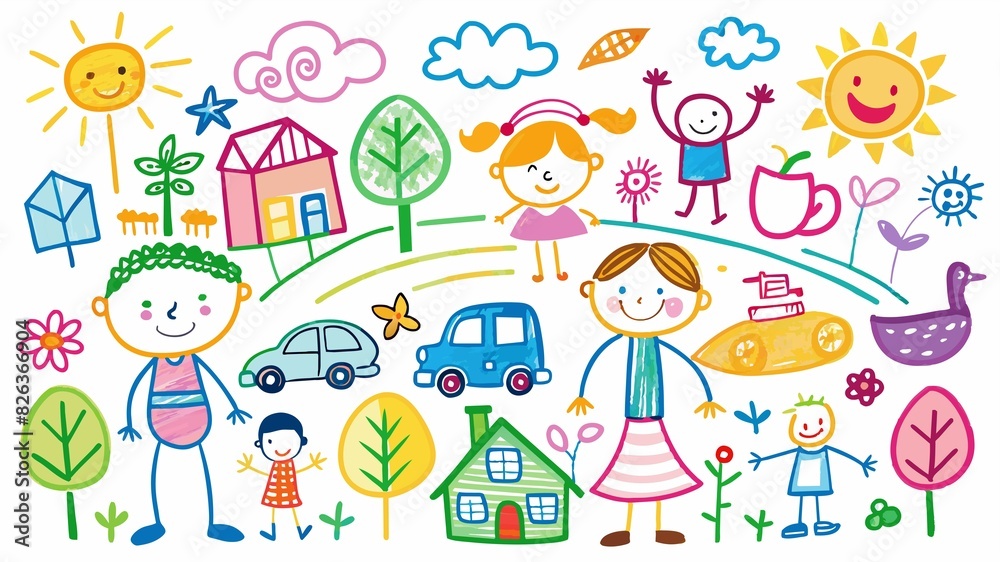 Colorful chalk drawings capture the joy of family fun in a vibrant and imaginative artwork. Colorful chalk drawings capture the joy of family fun in a vibrant and imaginative artwork.