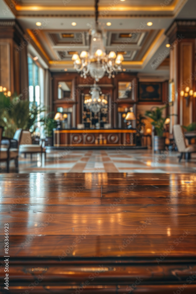 A polished wooden table in the foreground with a blurred background of a luxury hotel lobby. The background includes plush seating, elegant decors, a large chandelier, and a reception desk. A polished wooden table in the foreground with a blurred background of a luxury hotel lobby. The background includes plush seating, elegant decors, a large chandelier, and a reception desk.
