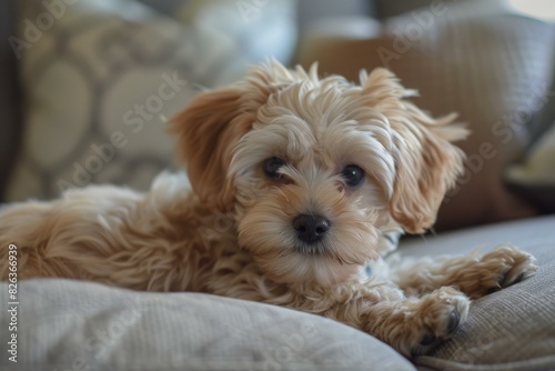 Wallpaper Mural Cute, fluffy little dog rests peacefully on a sofa, gazing with gentle eyes Torontodigital.ca